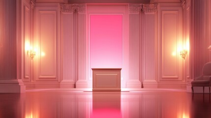 Poster - A softly lit, grand hall with classical architecture features a central podium bathed in pink light