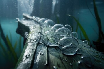 Aufkleber - Underwater scene: Rain-soaked wooden plank with many transparent bubbles resting on its surface surrounded by aquatic plants.