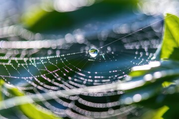 Poster - A glistening dewdrop clings to a spiderweb, adorned with sparkling droplets, amidst a soft-focus natural backdrop.