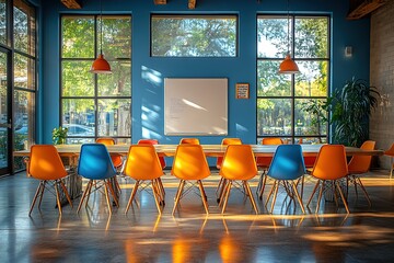 Poster - Modern meeting room with colorful chairs and large windows. Sunlight streams in, illuminating the space.