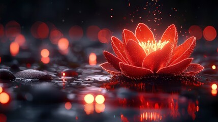 Wall Mural - Glowing red lotus on dark water, bokeh lights