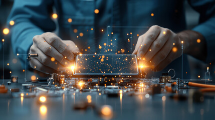 Poster - Innovative smartphone repair process in a tech workshop close-up view of hands working with components high-tech environment focused concept
