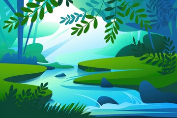 Poster - Serene stream flows through lush green forest, sunlight dappling leaves and water.