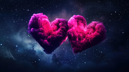 Wall Mural - Pink heart shaped clouds in night starry sky. Love and fantasy content