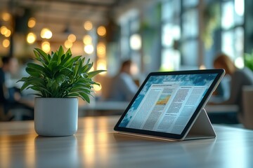 Poster - Tablet and plant on a table in a cafe, showcasing a calm and productive atmosphere.