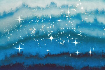 Poster - Watercolor painting of a night sky with twinkling stars and a gradient of blue hues.