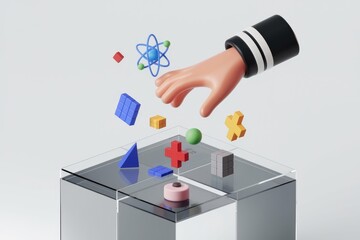Poster - A hand gently places colorful geometric shapes and an atom model onto a glass cube.