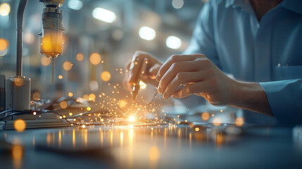 Poster - Innovative precision engineering process modern workshop industrial photography high-tech environment close-up view craftsmanship and technology integration