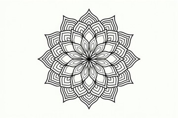 Poster - Intricate black and white mandala design, symmetrical flower pattern, detailed line art.
