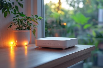 Poster - Modern router on a wooden shelf near a window, with a plant in a pot beside it, creating a serene home office atmosphere.