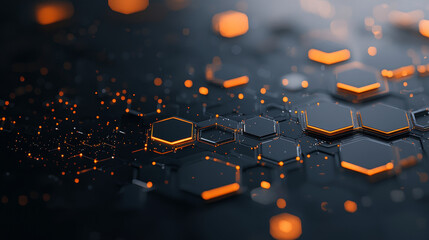 Poster - Dynamic abstract hexagonal patterns with glowing orange accents digital art futuristic technology dark background close-up view visual innovation