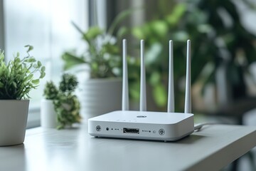Poster - Modern wireless router on a table with plants.  Clean, minimalist home office setup.
