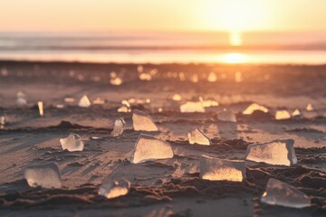 Poster - Sunset illuminates translucent ice fragments scattered across a sandy beach.