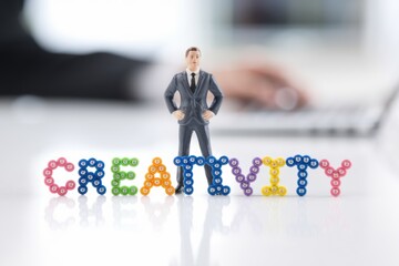 Poster - A miniature businessman stands proudly behind the word 'CREATIVITY', symbolizing innovation and business success.