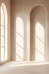 Poster - Tall arched windows allow soft light to flood the minimalist space, highlighting the smooth beige walls and creating a calming, elegant atmosphere ideal for text overlay