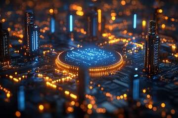 Wall Mural - Futuristic cityscape on a circuit board, glowing with vibrant lights.  A digital metropolis.