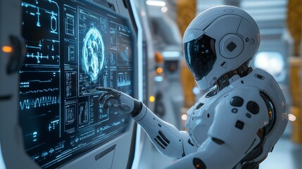 Poster - Humanoid robot interacting with high-tech touchscreen interface, in a futuristic setting, background, illustration