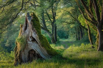 Poster - Moss-covered ancient tree stump in a sun-dappled forest path, serene nature scene.