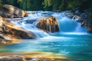Poster - Serene waterfall cascading over golden rocks into a turquoise pool, surrounded by lush green forest.