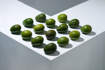 Poster - Fifteen ripe avocados arranged in a geometric pattern on a white surface.