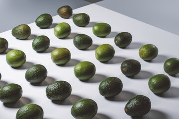 Poster - A grid of fresh green avocados arranged on a white surface, showcasing their vibrant color and texture.
