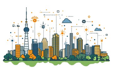 Poster - Smart city skyline with interconnected buildings and technology.
