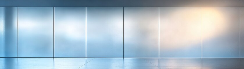 Poster - Frosted glass panels with a subtle blue tint catch soft light, casting delicate patterns across the smooth floor. The spacious area offers ample negative space for creative text integration