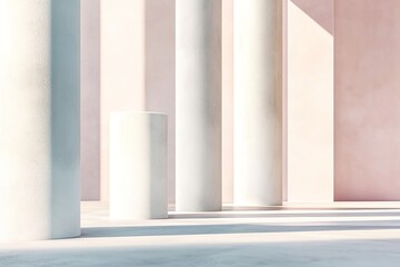 Poster - Abstract architectural composition features minimalist white columns with smooth finishes. The soft shadows and muted pastel backdrop create an airy, modern atmosphere perfect for various uses