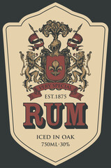 Wall Mural - Hand-drawn label or banner for Rum with ornate coat of arms on a red background. Vector heraldic coat of arms with lions, knights helmet, spears, flags and fleur de lis on a shield in vintage style