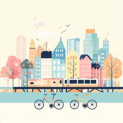 bicycled and train themed city powerpoint background template, broken into different sections for text , minimalistic fun peaceful background, Abstract, colorful, nature, pastel, 