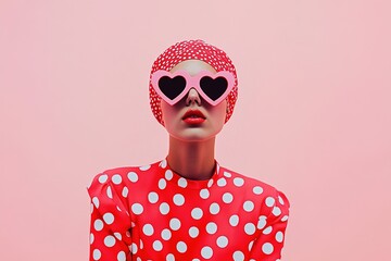 a person showcases a playful red-and-white polka dot dress and matching headband while wearing heart