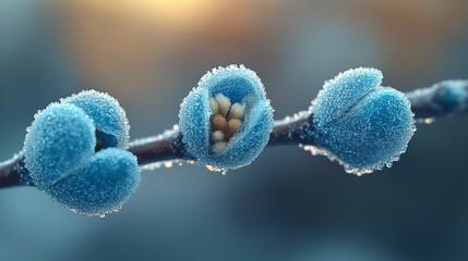 Wall Mural - A close up shot shows three frosty blue buds on a branch