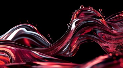 Poster - A red liquid with droplets of water is flowing down a black background. The image has a sense of movement and fluidity, with the red liquid appearing to be alive and dynamic. AI generated.