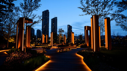 City park illuminated at dusk, modern architecture backdrop, pathways & landscaping, urban oasis