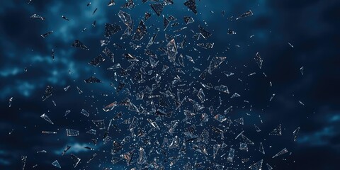 Wall Mural - A stunning shower of sharp glass shards against a dark evening sky, exploded glass, shattered