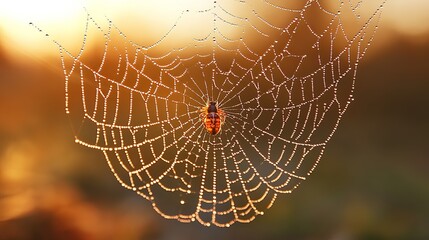A spider sits in its dew covered web backlit by soft morning light.