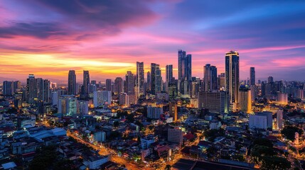 Poster - A panoramic shot of a dense urban skyline at dusk, with tall skyscrapers lit up against the darkening sky and a lively cityscape illuminated below.
