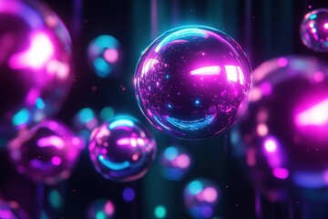 Poster - A futuristic design showcases floating metallic spheres with glowing neon edges in purple and aqua. The sleek black background provides ample space for text, creating a visually striking contrast