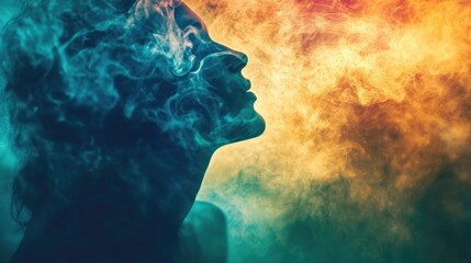 Poster - A serene and colorful smoke pattern emerging from a dark silhouette of a person, with the smoke forming intricate designs and patterns around them.