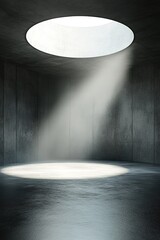 Poster - A circular skylight allows soft natural light to filter into the space, accentuating smooth concrete textures while creating a tranquil and bold atmosphere with negative space