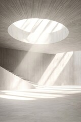 Poster - Soft natural light streams through a circular skylight, enhancing the smooth textures of concrete in a bold, minimalist space. The design captures serenity and modern aesthetics