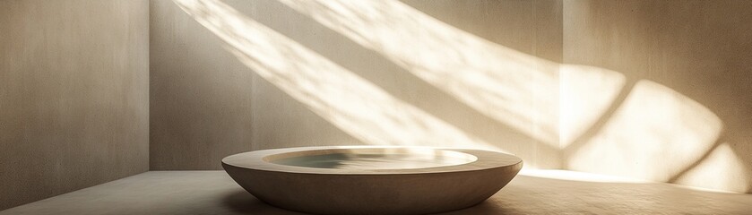 Poster - Natural light streams through a circular skylight, illuminating smooth concrete surfaces in a bold and tranquil setting. The ample negative space invites thoughtful design and creativity
