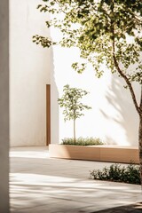 Poster - Clean lines and minimalistic white walls create a serene Nordic space, featuring light wood accents and a small green patch that enhances tranquility under gentle sunlight