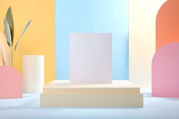 Poster - minimalist geometric composition with pastel colors, featuring abstract shapes, a blank white rectan