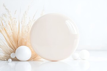 Poster - Minimalist composition with white spherical objects, dried pampas grass, and soft lighting, creating a serene and elegant arrangement in a neutral-toned studio environment
