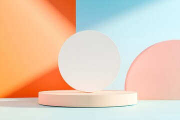 Poster - minimalist composition with vibrant orange, blue, and pastel pink backgrounds, featuring a white cir