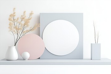 Poster - minimalist composition with pastel colors featuring white and pink circular shapes, dried botanical 