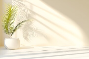 Poster - Minimalist interior scene with soft natural light casting palm leaf shadows on a beige wall, featuring a green palm in a white ceramic pot for a serene and modern aesthetic