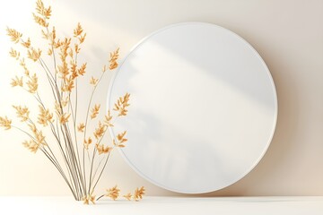Poster - 
Minimalist composition with delicate golden dried flowers beside a large white circular shape on a soft beige background, evoking natural elegance and tranquility