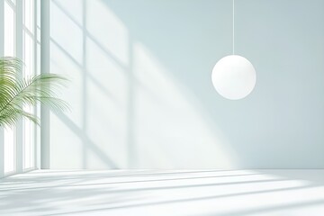 Poster - minimalist interior scene with soft natural light streaming through large windows, casting shadows o